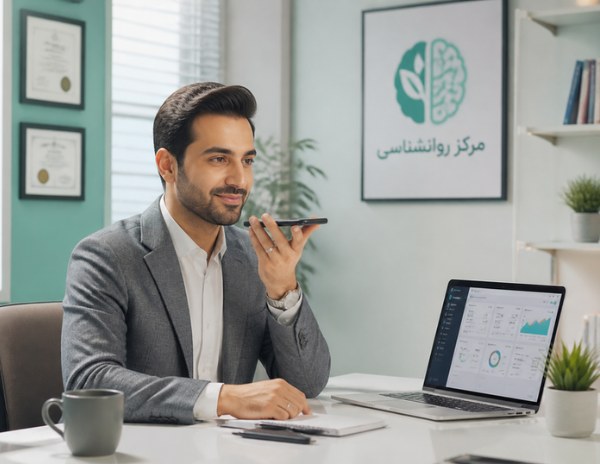 روان‌شناسی پشت میز با دستیار صوتی گوشی صحبت می‌کند